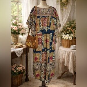 Vintage 1970s Kaftan, Handmade, Patchwork, Bohemian Multicolor Flowy Dress